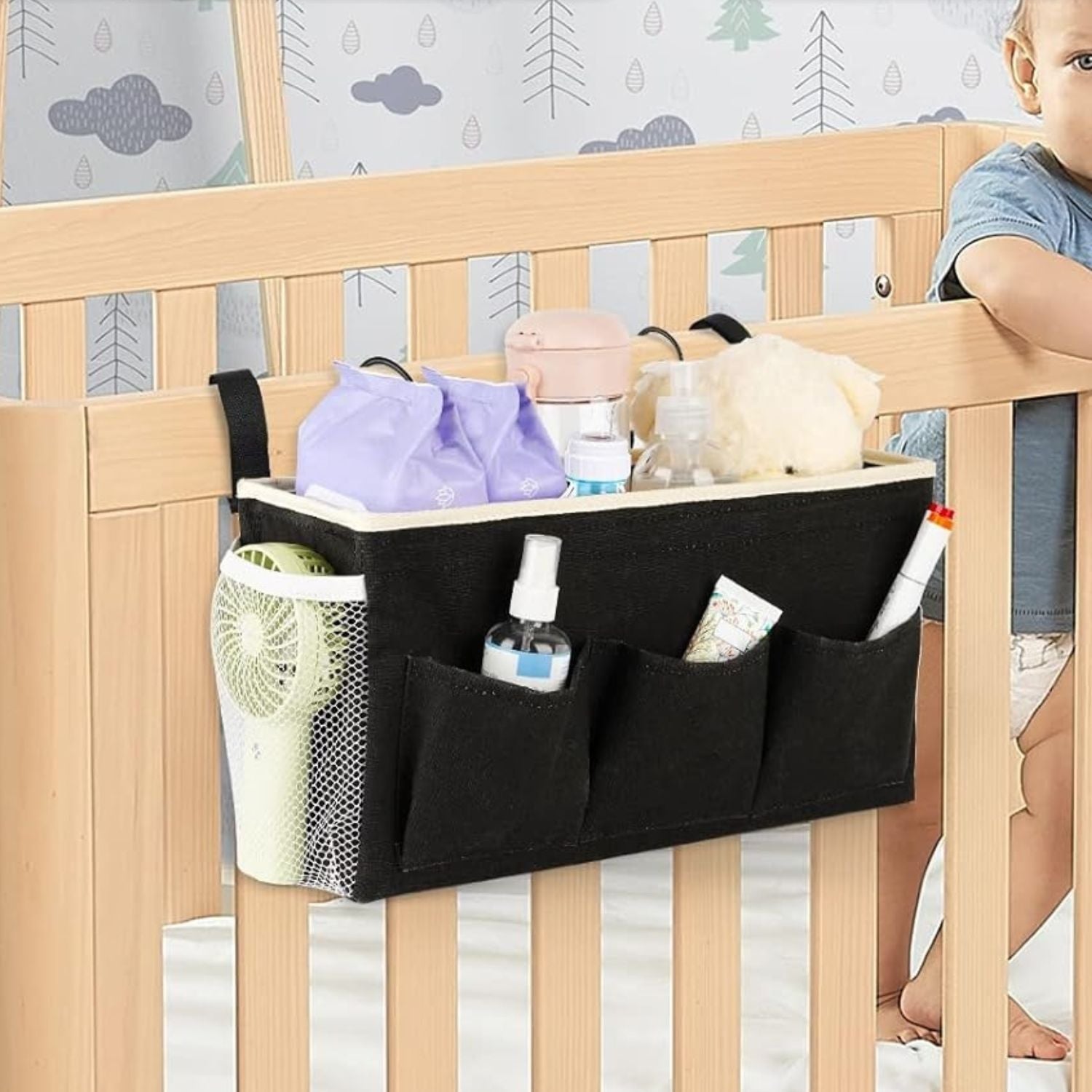 Pack of 2 Bedside Caddy Organizer with Water Bottle Holder and Fixed Straps