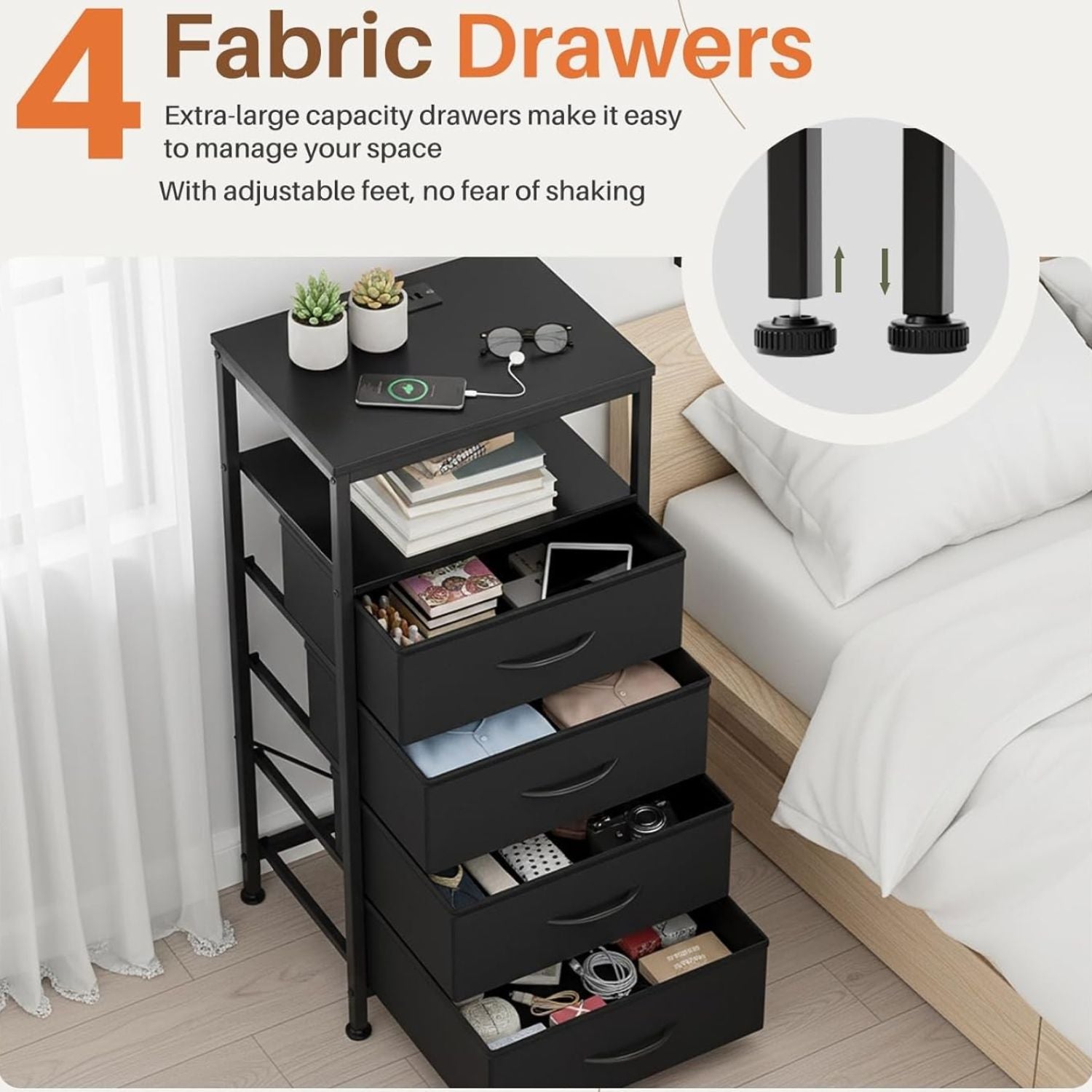 LED Nightstand with Charging Station 4 Fabric Drawers