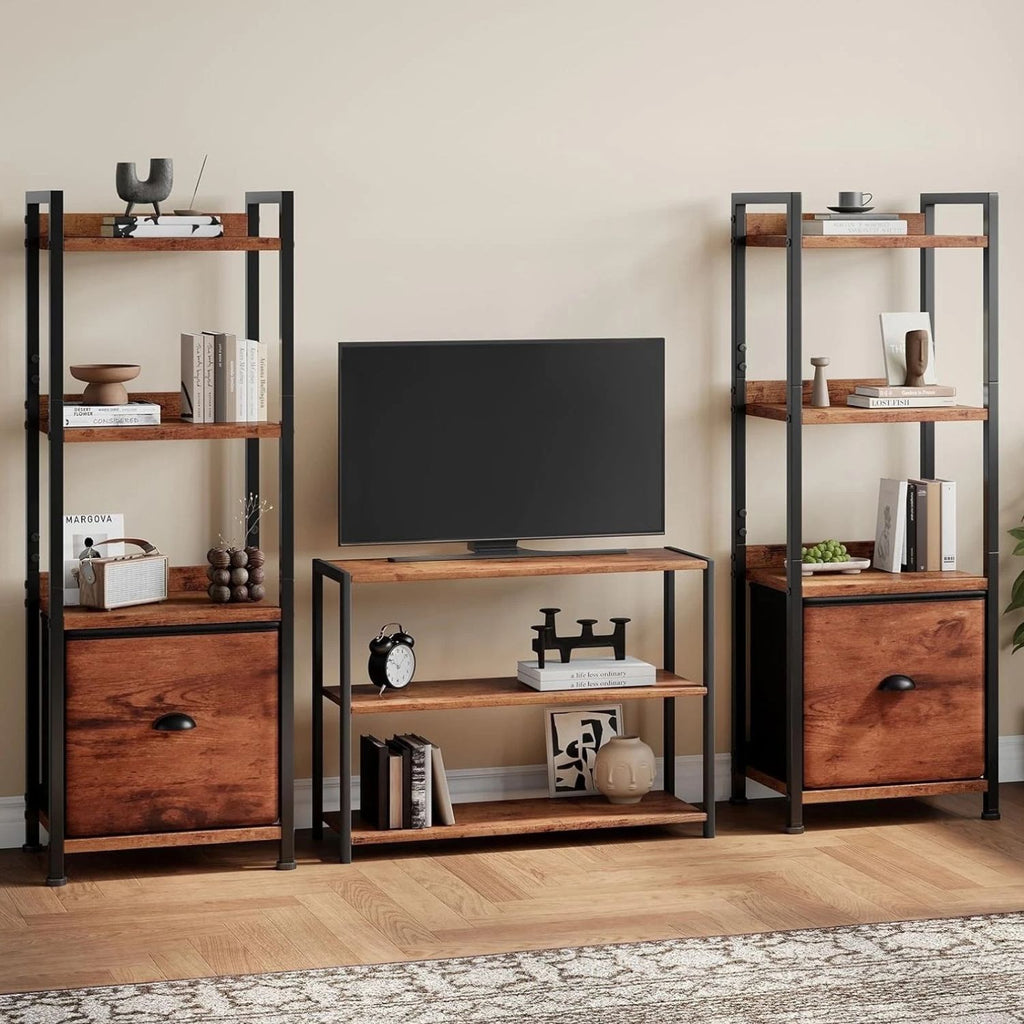 Narrow Bookshelf with Fabric Drawer Bookcase Open Storage Organizer