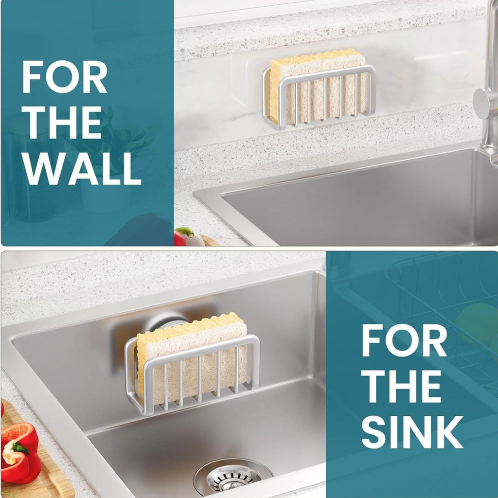 Kitchen Sink Sponge Holder with Strong Suction Cup Rustproof Aluminum Caddy