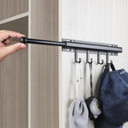 Pull Out Closet Valet Rod with 4 Hooks Black Space-Saving Organizer 12 Inch