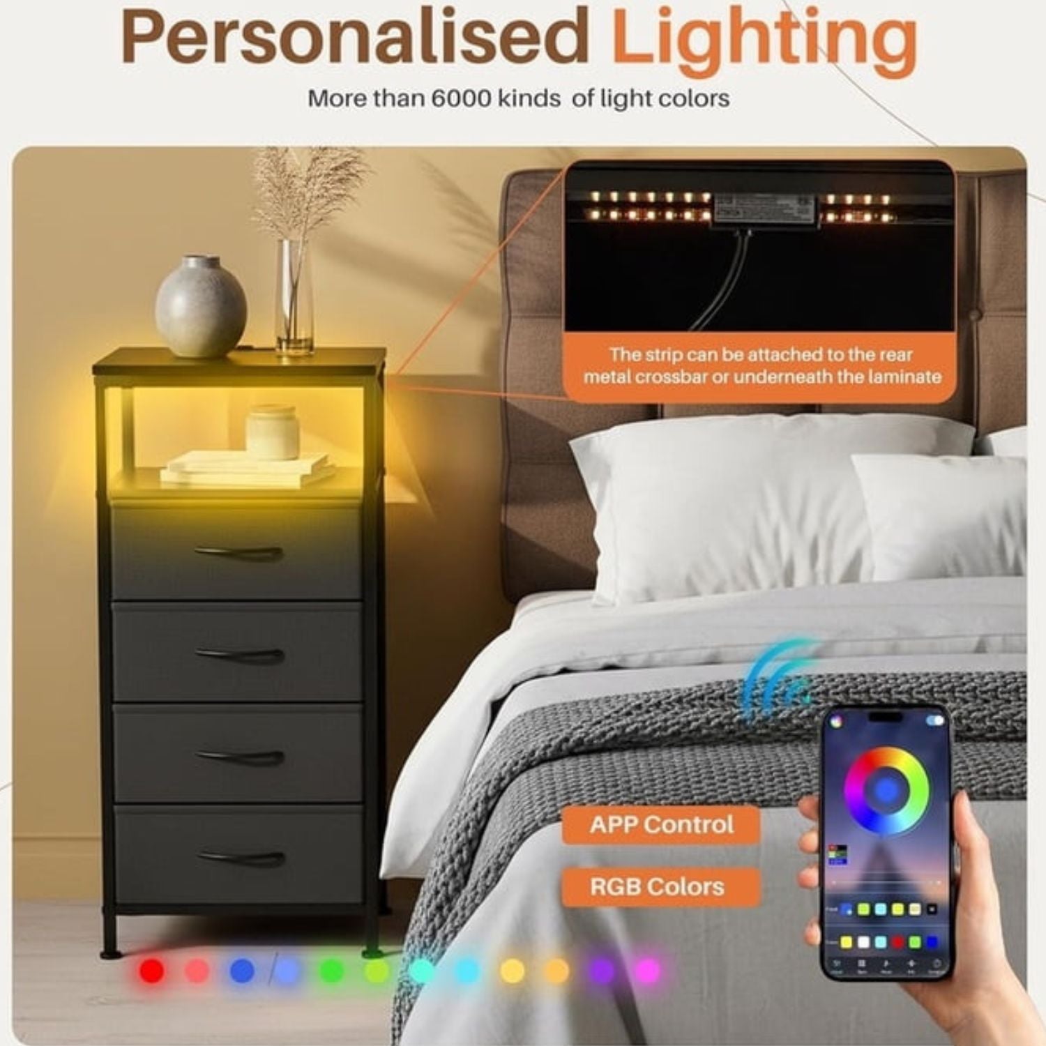 LED Nightstand with Charging Station 4 Fabric Drawers