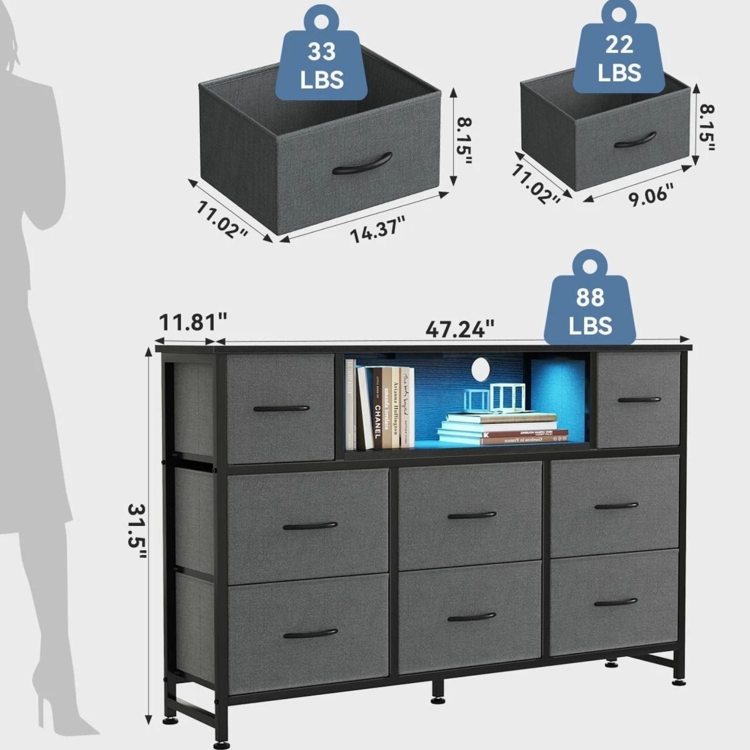 47 Inch TV Stand with 8 Fabric Drawers Power Outlet TV Console for 32-45 Inch TVs