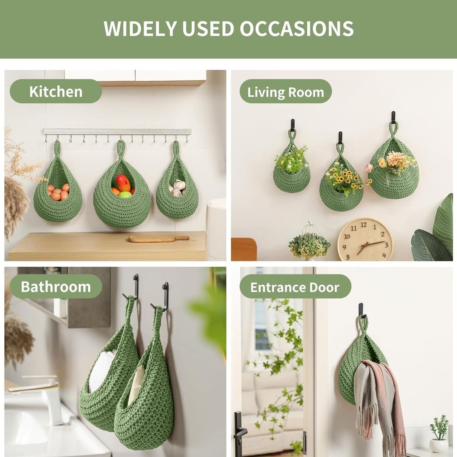 Pack of 3 Wall Hanging Fruit Baskets Woven Storage with 6 Hooks