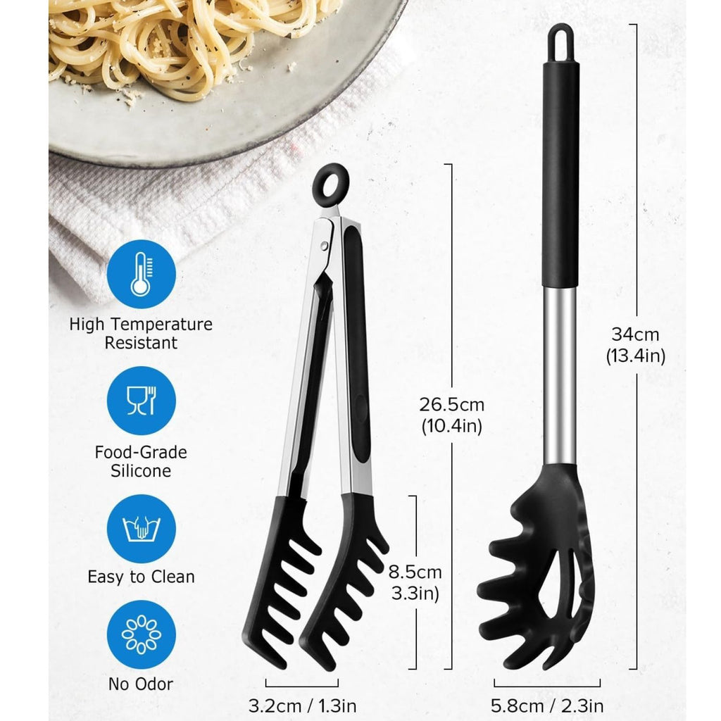 Silicone Spaghetti Spoon and Pasta Tong Set with Stainless Steel Handle
