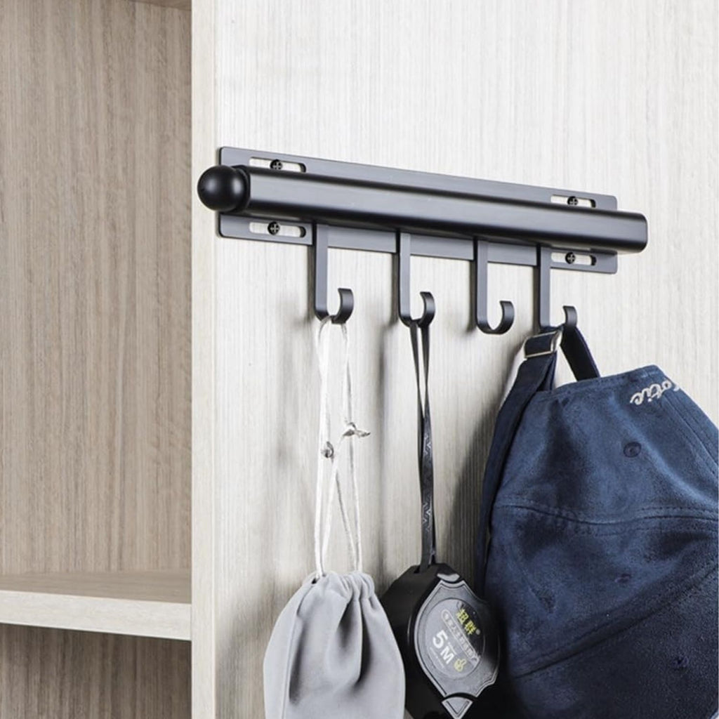 Pull Out Closet Valet Rod with 4 Hooks Black Space-Saving Organizer 12 Inch