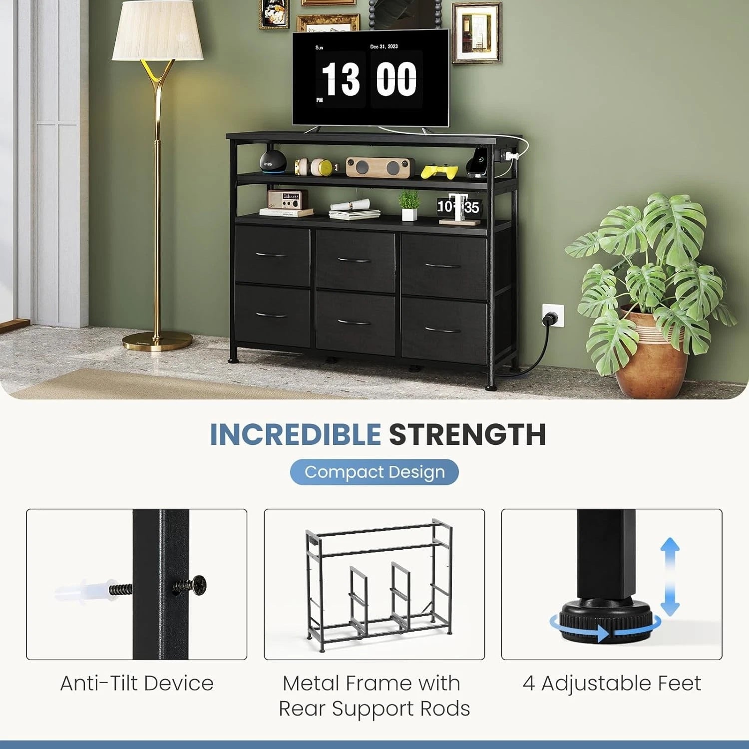LED TV Stand with 6 Fabric Drawers Power Outlets USB Ports
