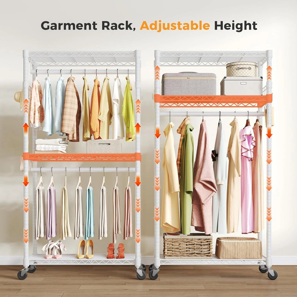 3Tier Adjustable Wire Shelving Clothes Rack Double Rod Mobile Garment Organizer with Wheels