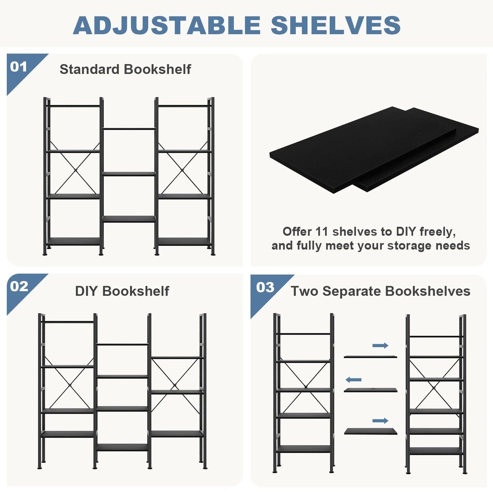 Triple 4Tier Modern Bookshelf with 11 Open Shelves Convertible Storage Display Organizer