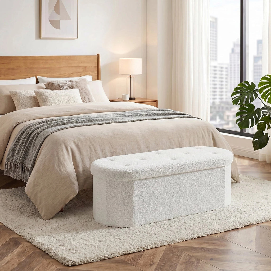 Foldable Storage Ottoman Bench Teddy Fabric Upholstered End of Bed Footstool with Hidden Storage