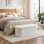 Foldable Storage Ottoman Bench Teddy Fabric Upholstered End of Bed Footstool with Hidden Storage