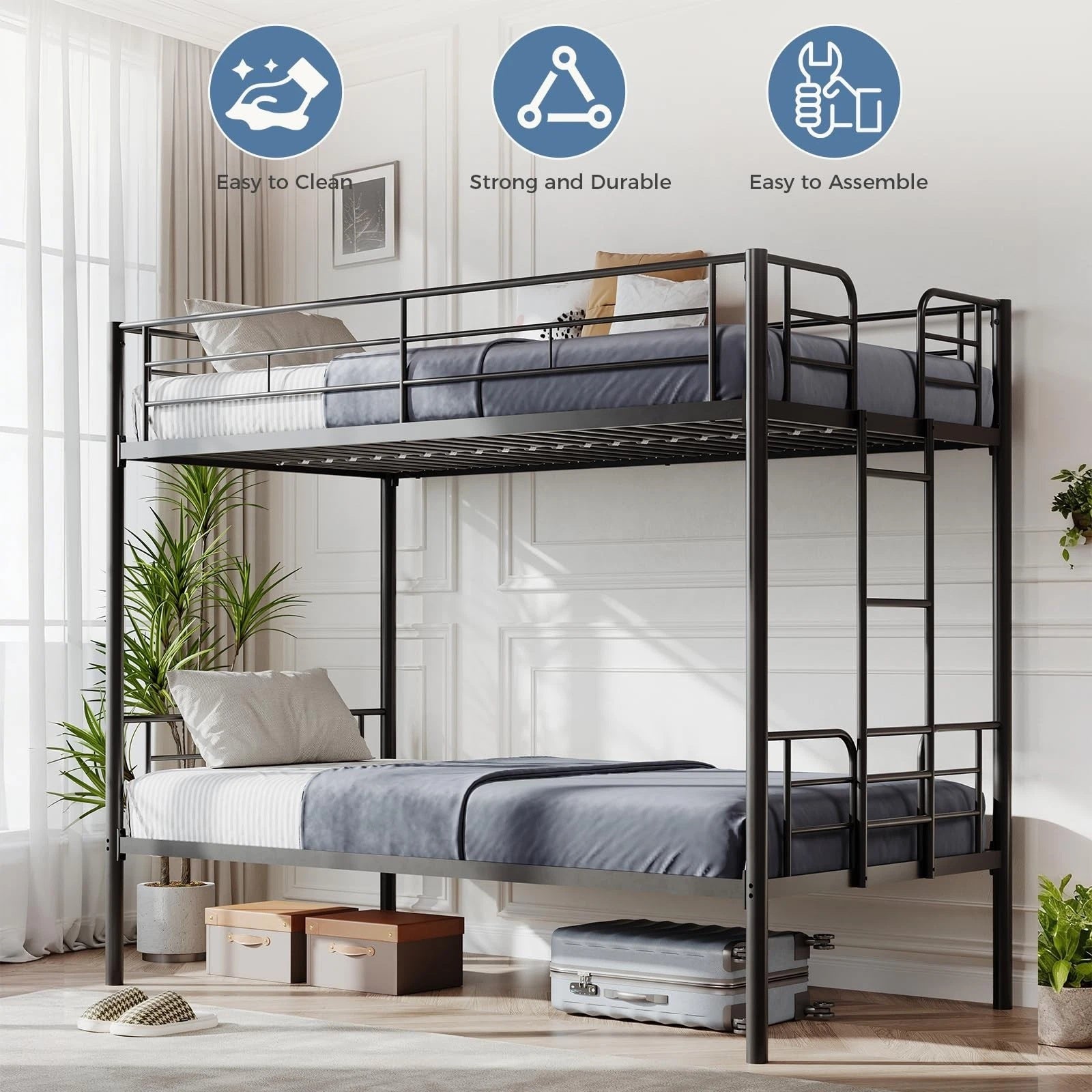 Heavy Duty Twin Over Twin Metal Bunk Bed Frame with Ladder