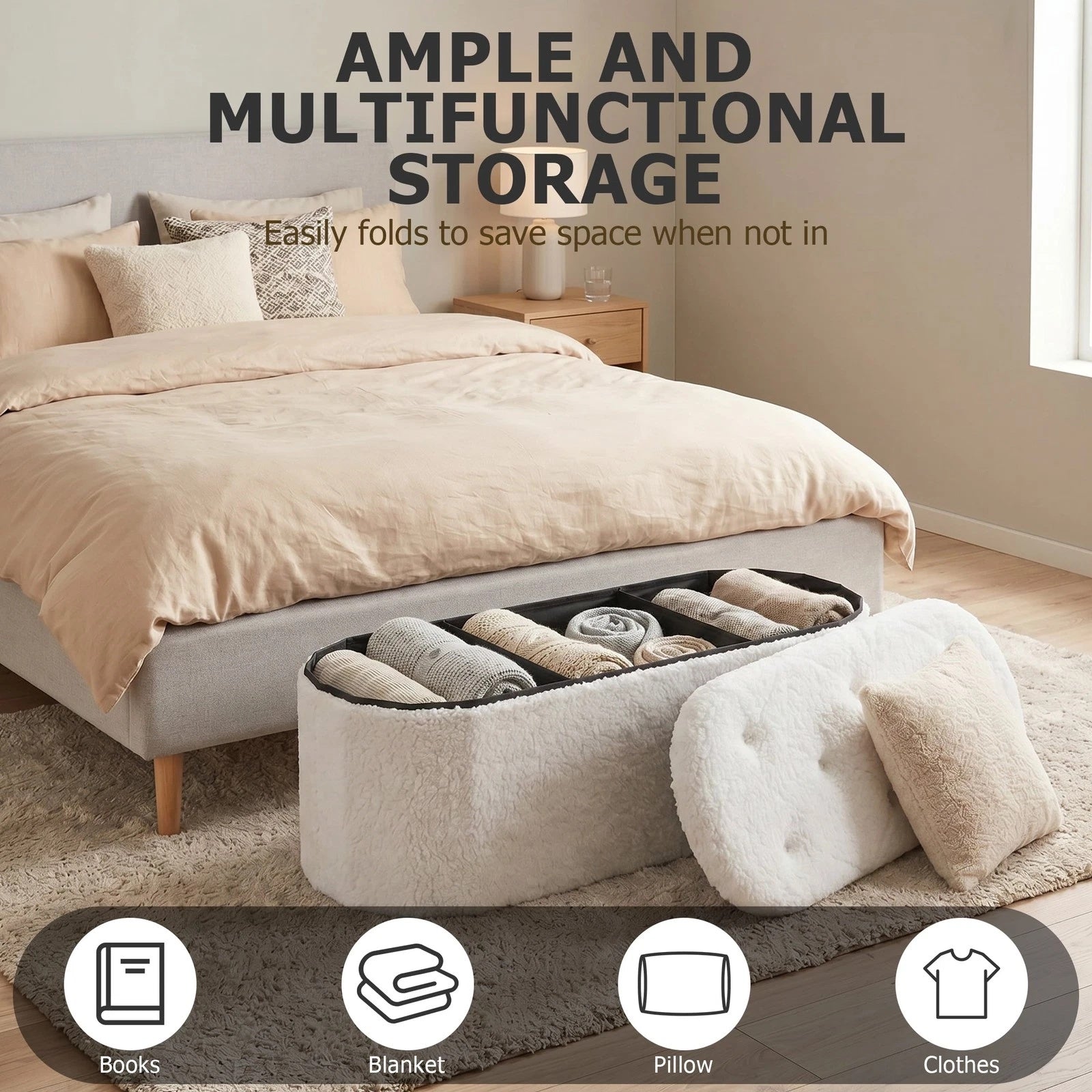 Foldable Storage Ottoman Bench Teddy Fabric Upholstered End of Bed Footstool with Hidden Storage