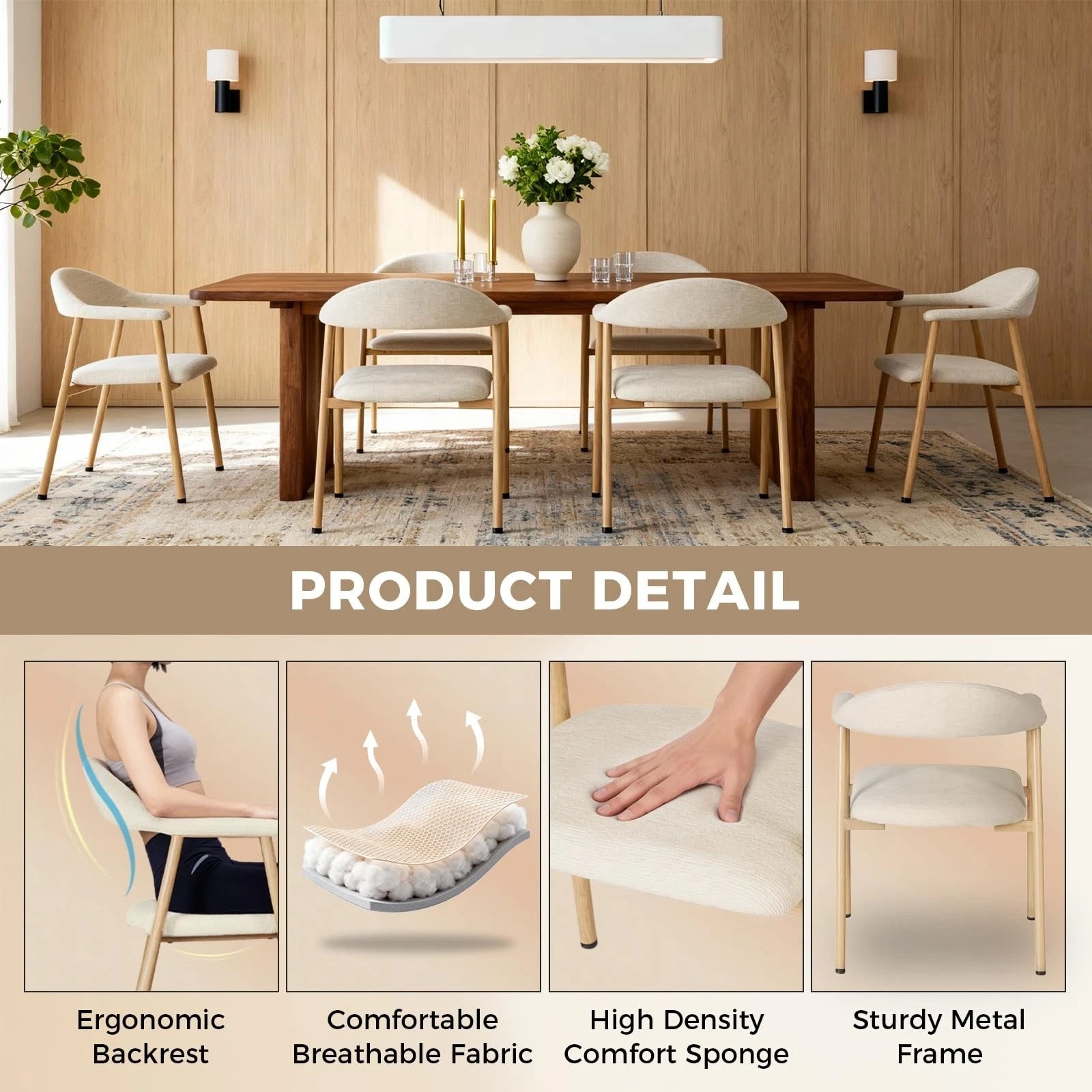 Pack of 2 Linen Fabric Upholstered Dining Chairs with Curved Backrest Kitchen Side Chairs