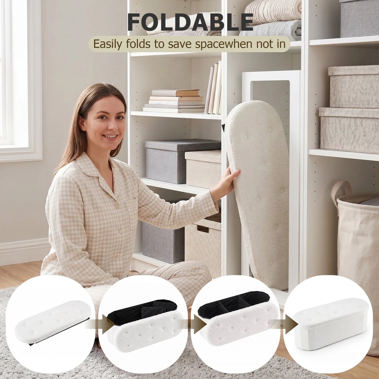 Foldable Storage Ottoman Bench Teddy Fabric Upholstered End of Bed Footstool with Hidden Storage