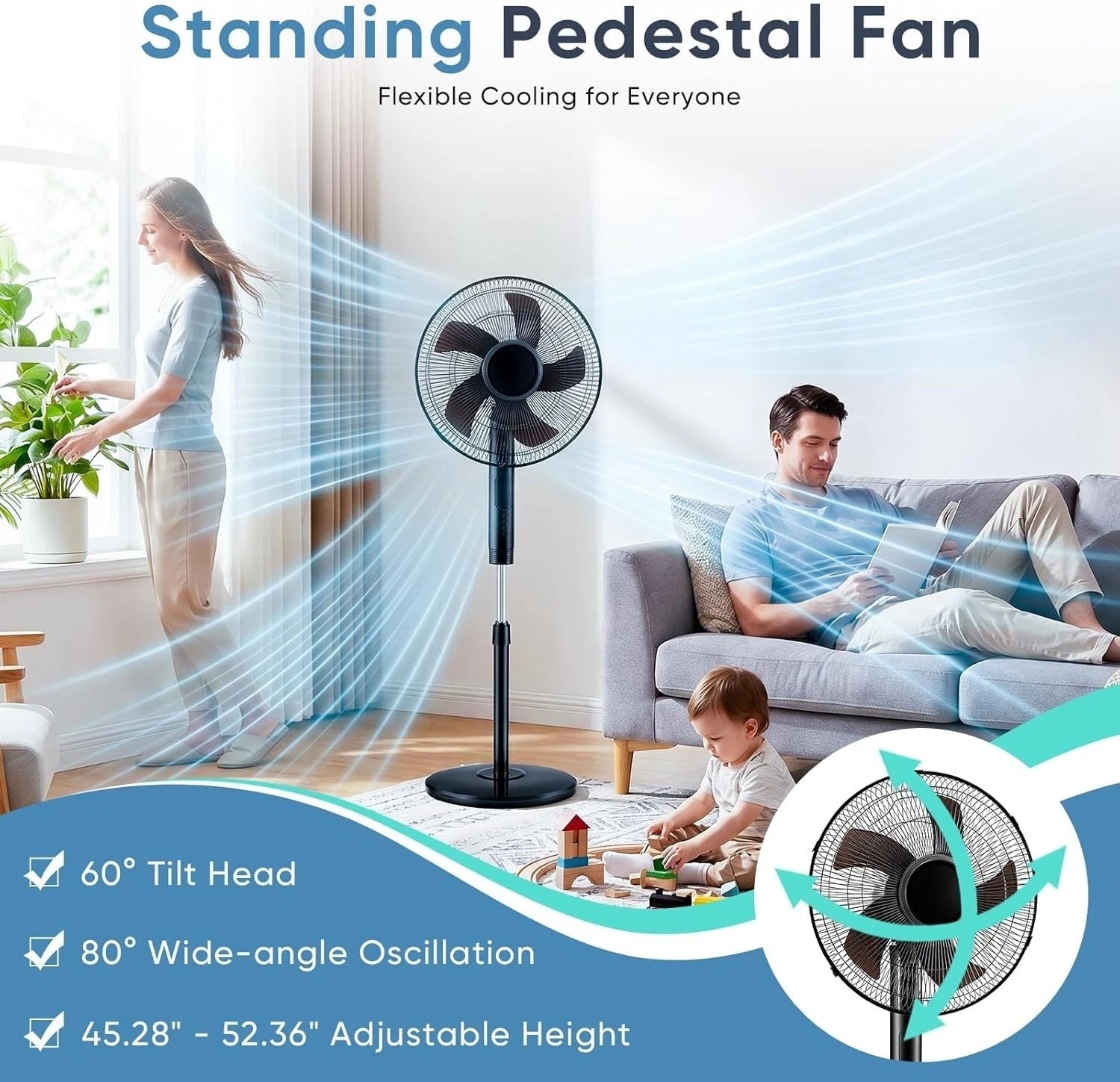 Oscillating Pedestal Fan with Remote Control 3-Speed Adjustable Height Stand Floor Fan