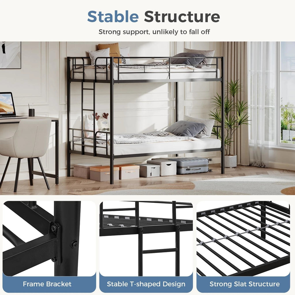 Heavy Duty Twin Over Twin Metal Bunk Bed Frame with Ladder