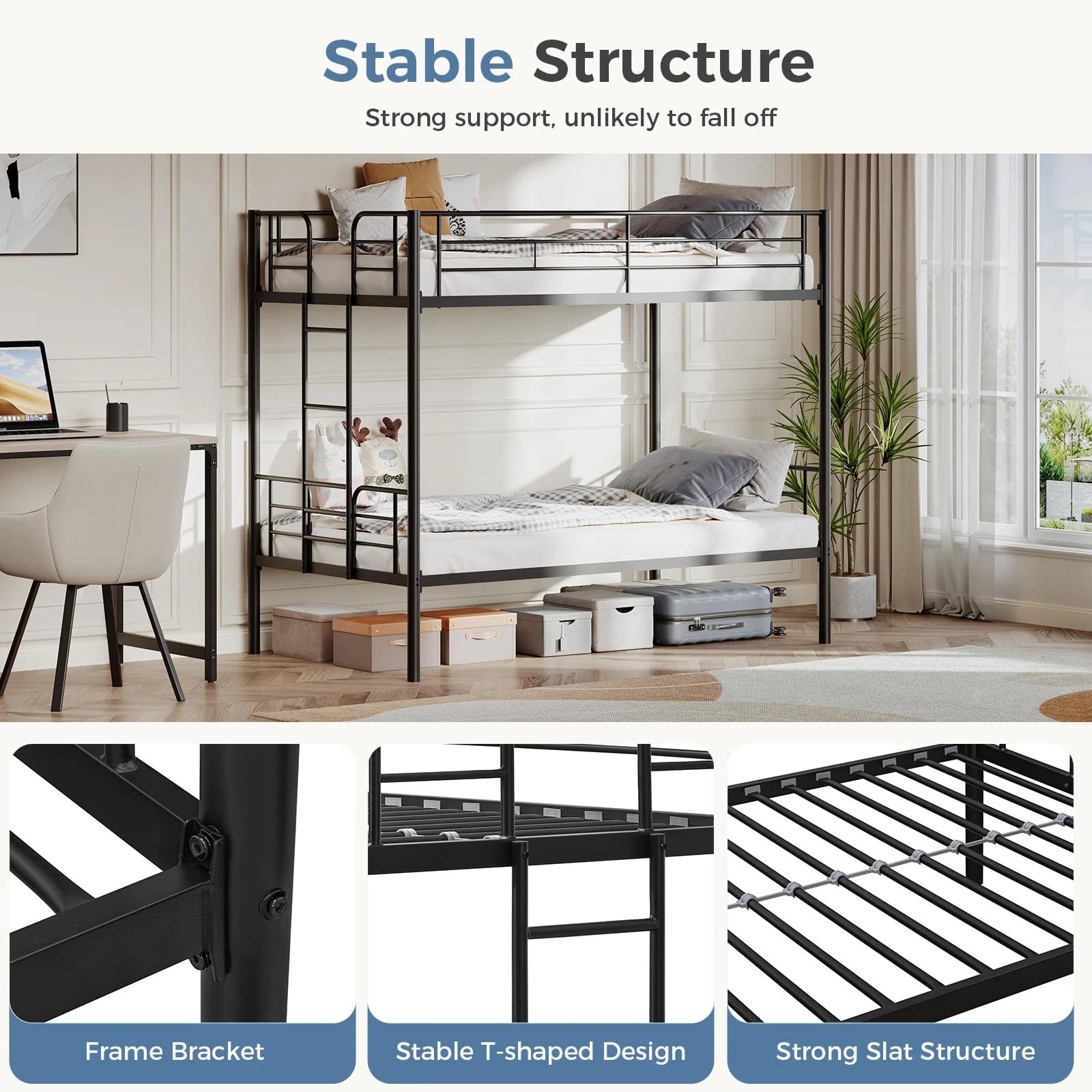 Heavy Duty Twin Over Twin Metal Bunk Bed Frame with Ladder