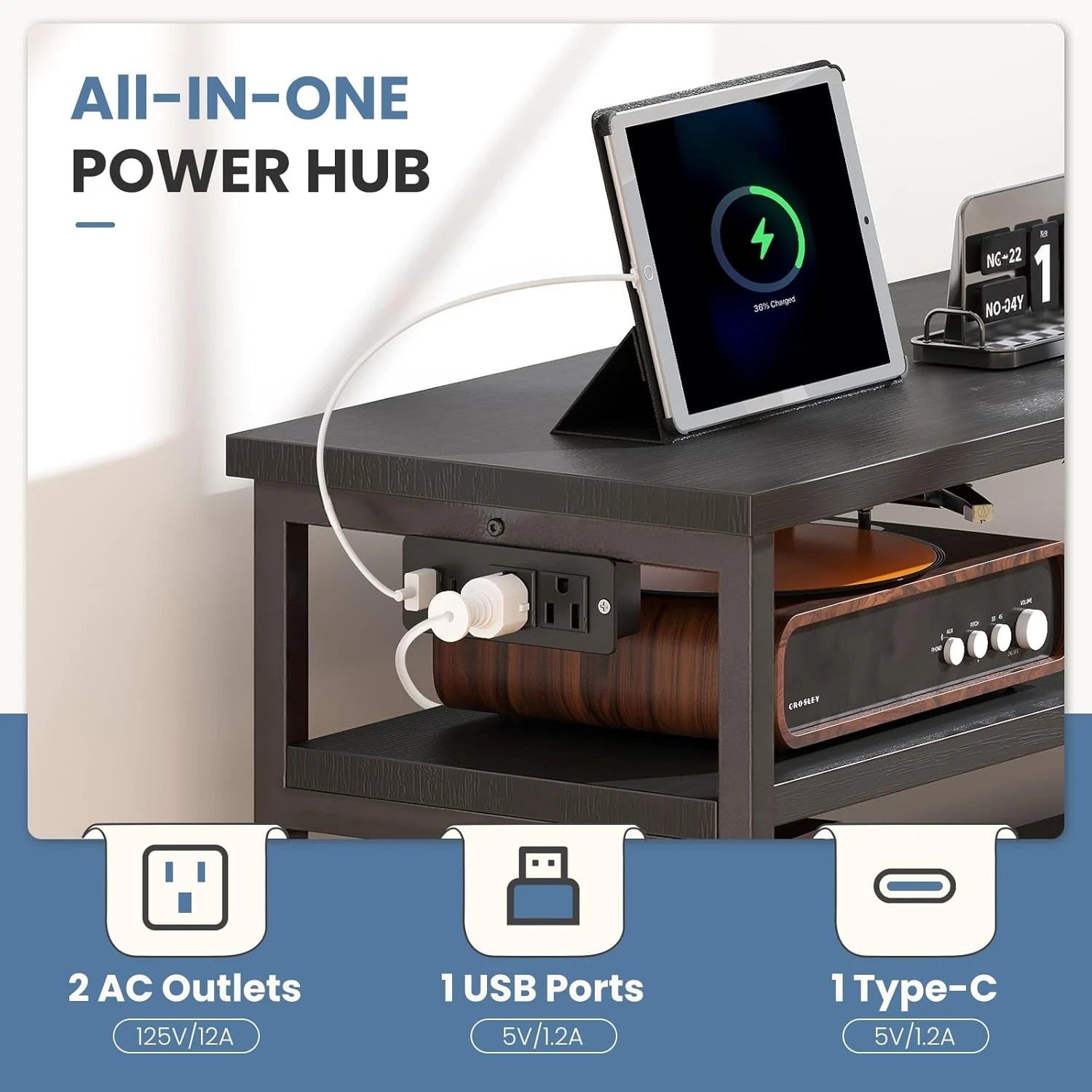 LED TV Stand with 6 Fabric Drawers Power Outlets USB Ports