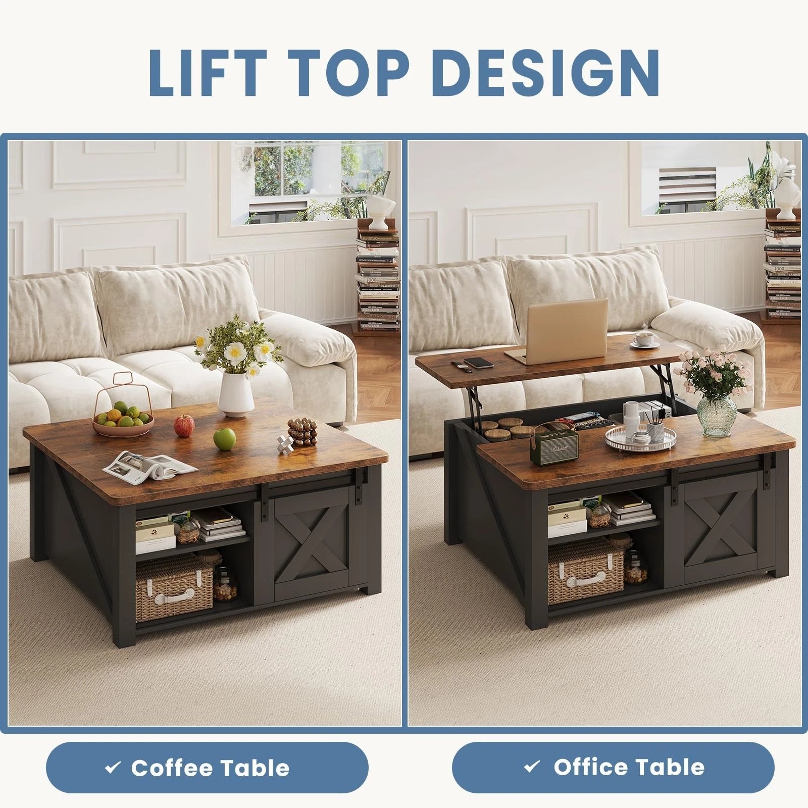 Wooden Lift Top Coffee Table Farmhouse Living Room Center Table with Hidden Storage Compartment