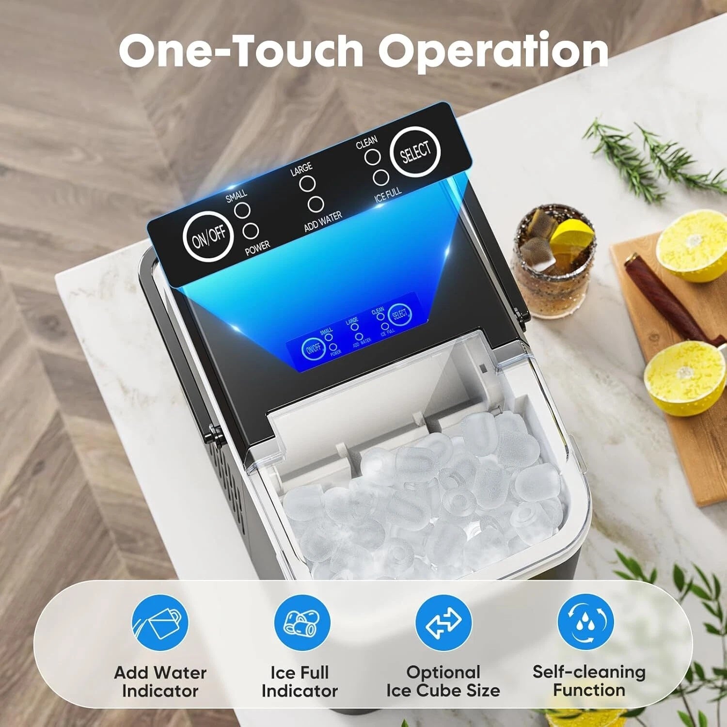 Self-Cleaning Countertop Ice Maker Machine with Handle Makes 9 Ice Cubes in 6 Minutes