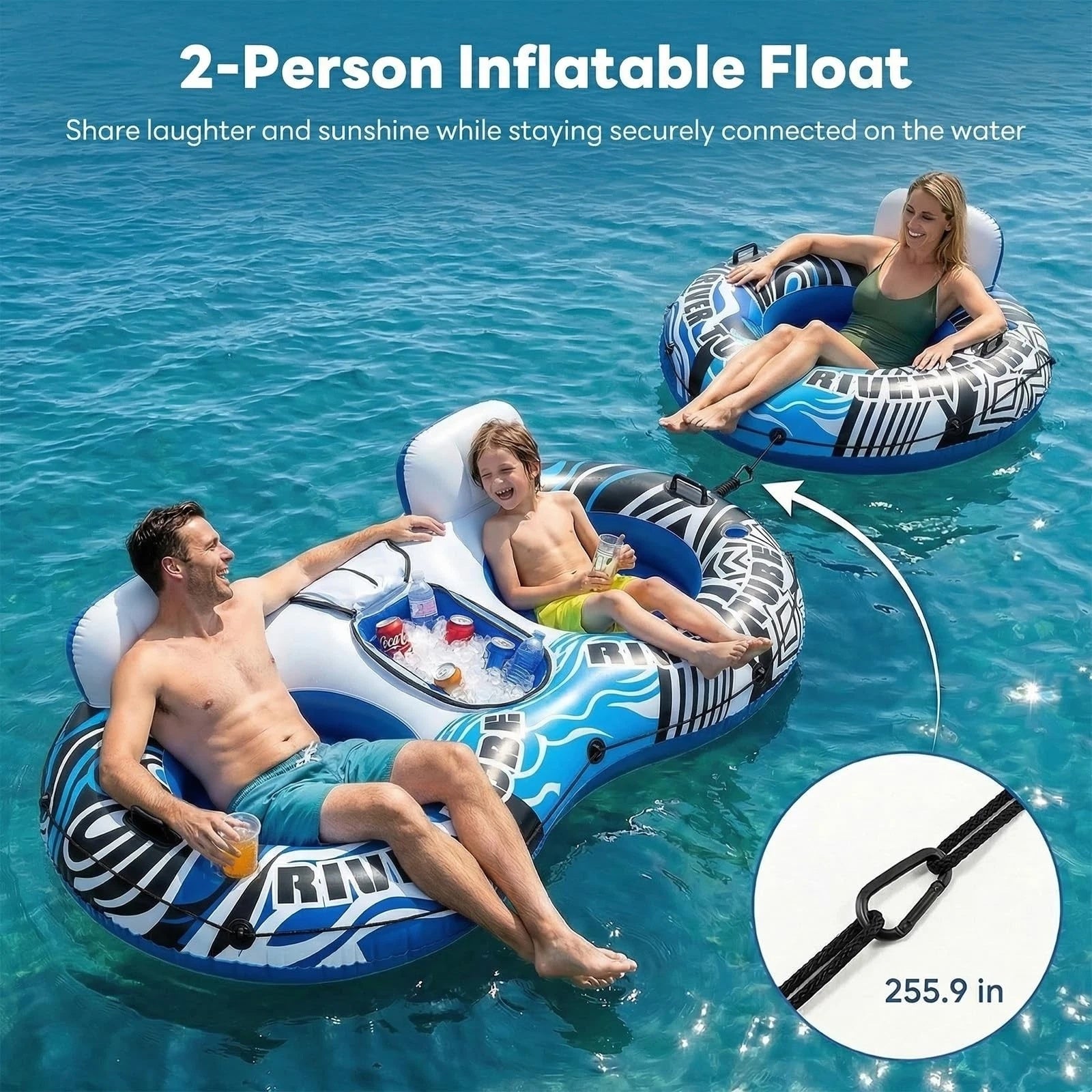 Inflatable River Float with Removable Cooler 2 Cup Holders and Comfortable Backrests