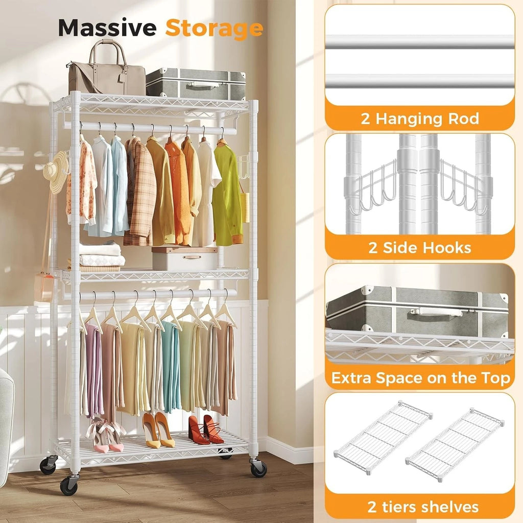 3Tier Adjustable Wire Shelving Clothes Rack Double Rod Mobile Garment Organizer with Wheels