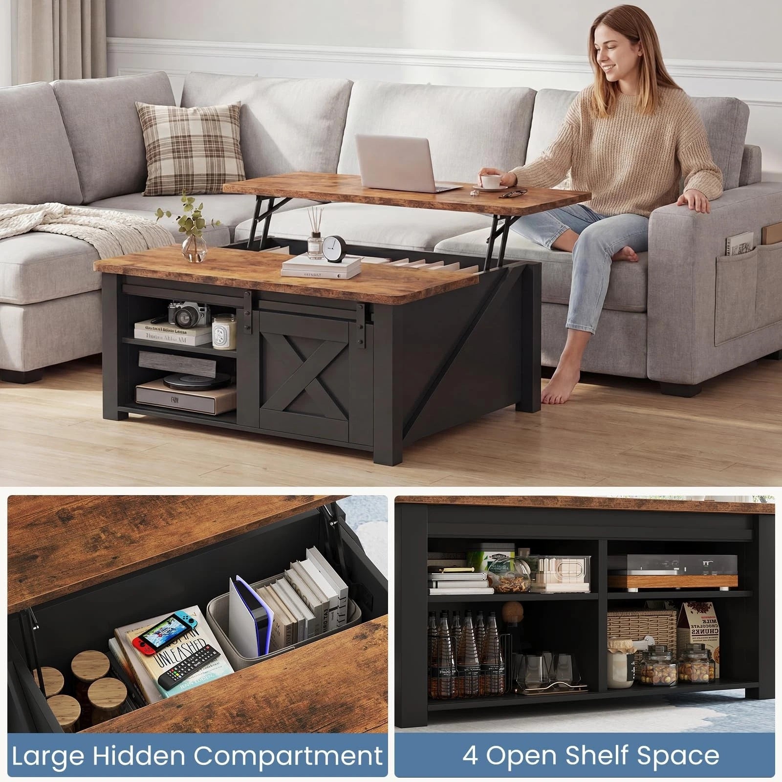 Wooden Lift Top Coffee Table Farmhouse Living Room Center Table with Hidden Storage Compartment