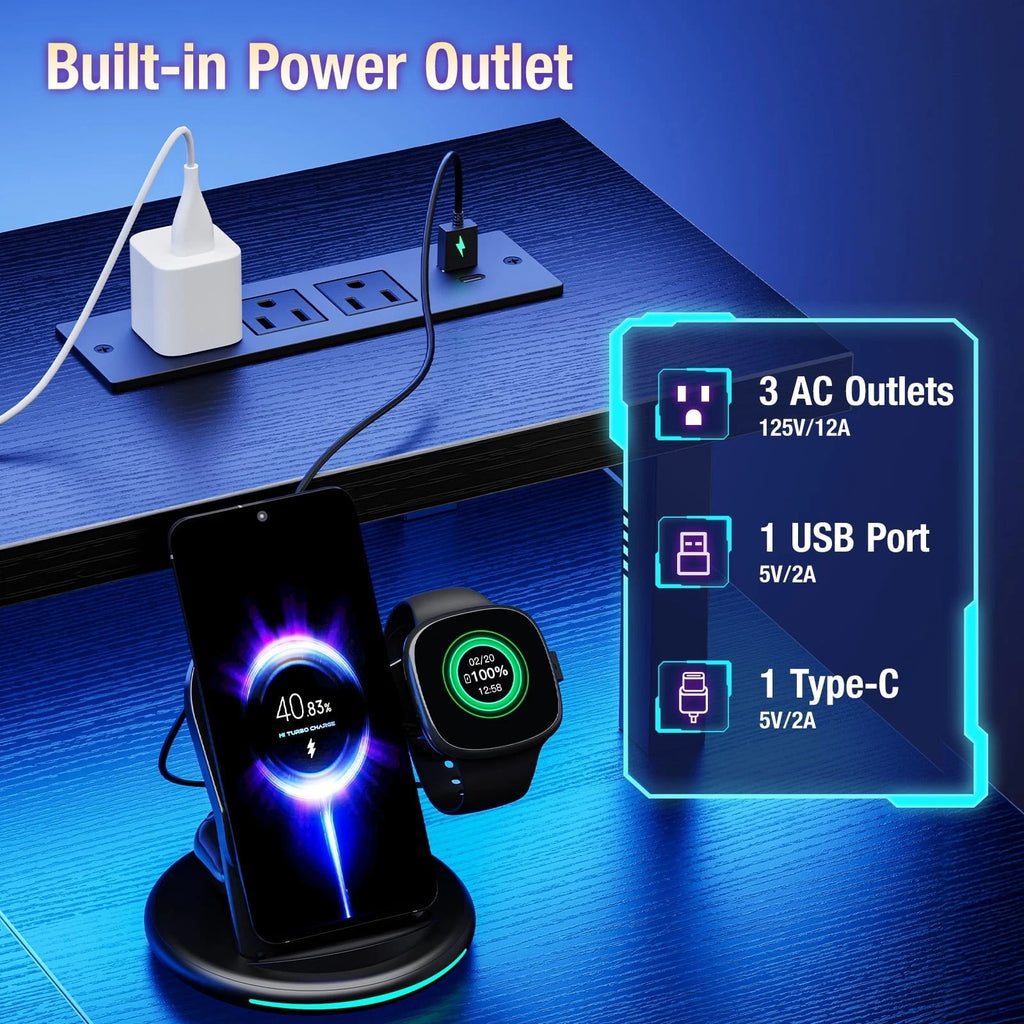 Computer Gaming Desk with LED Lights Power Outlet Monitor Stand 47-Inch