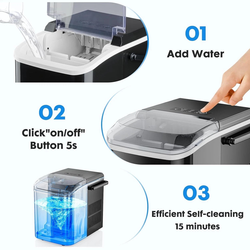 Self-Cleaning Countertop Ice Maker Machine with Handle Makes 9 Ice Cubes in 6 Minutes